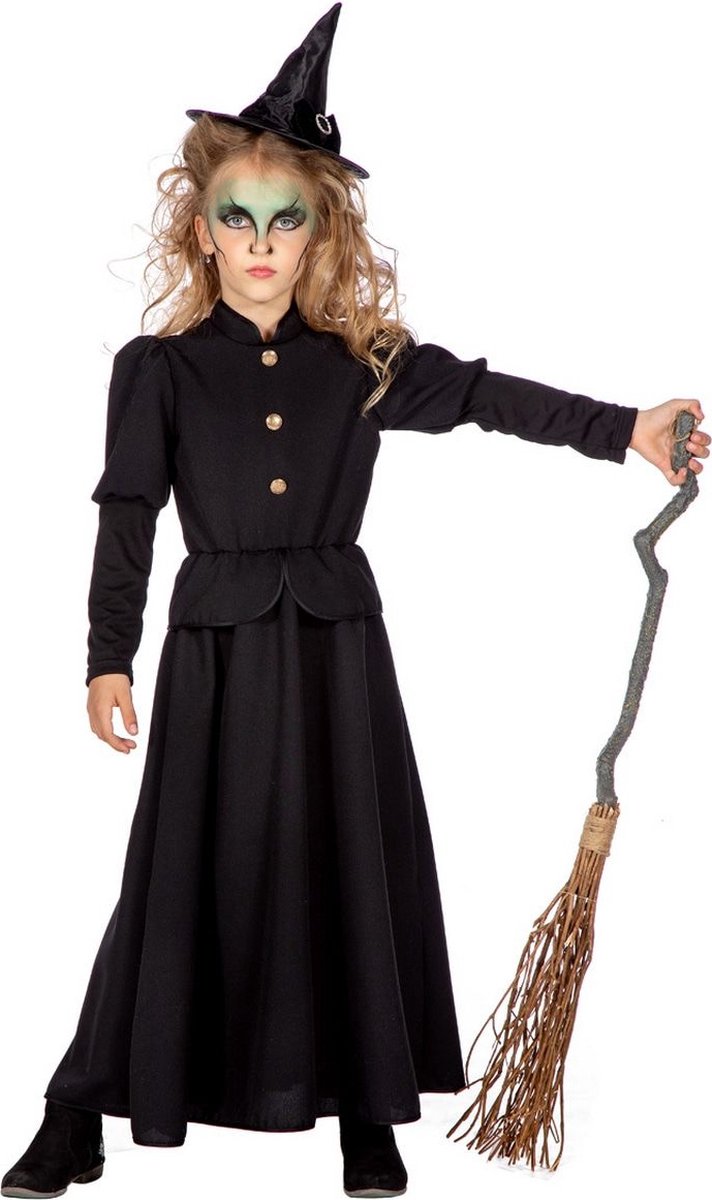 Wilbers - Heks & Spider Lady & Voodoo & Duistere Religie Kostuum - Adellijke Baas Heks Heksulamina - Meisje - zwart - Maat 116 - Halloween - Verkleedkleding