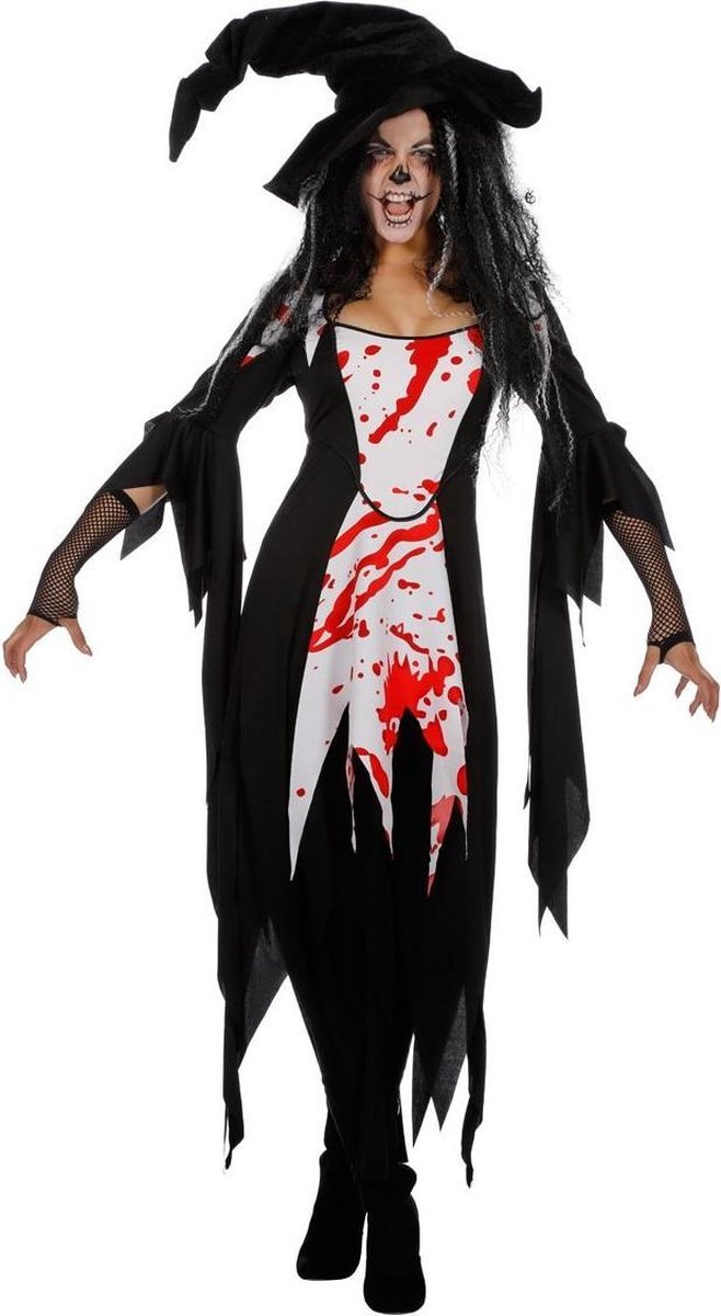 Wilbers - Heks & Spider Lady & Voodoo & Duistere Religie Kostuum - Bloedige Heks Bloody Mary - Vrouw - zwart - Maat 36 - Halloween - Verkleedkleding