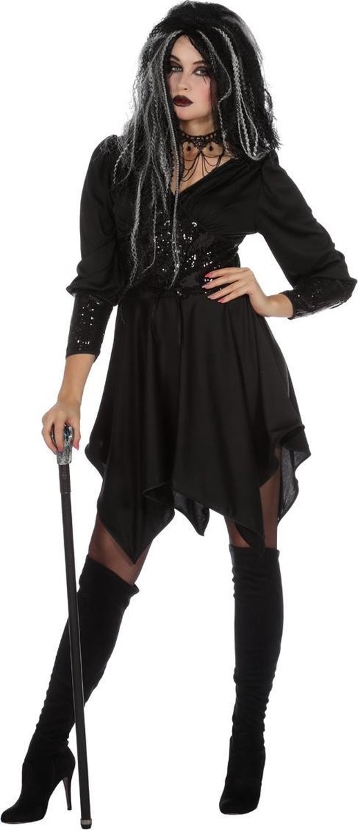 Wilbers - Heks & Spider Lady & Voodoo & Duistere Religie Kostuum - Duistere Zwarte Engel Hades - Vrouw - zwart - Maat 34 - Halloween - Verkleedkleding