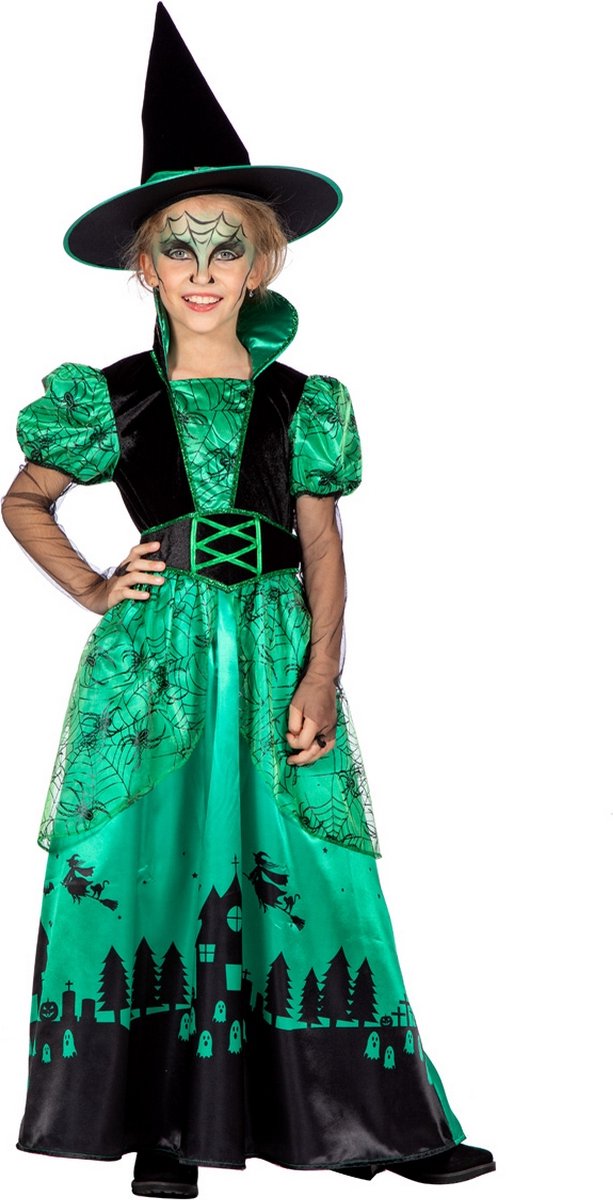 Wilbers - Heks & Spider Lady & Voodoo & Duistere Religie Kostuum - Green Witch Spookhuis Heks - Meisje - blauw,zwart - Maat 128 - Halloween - Verkleedkleding