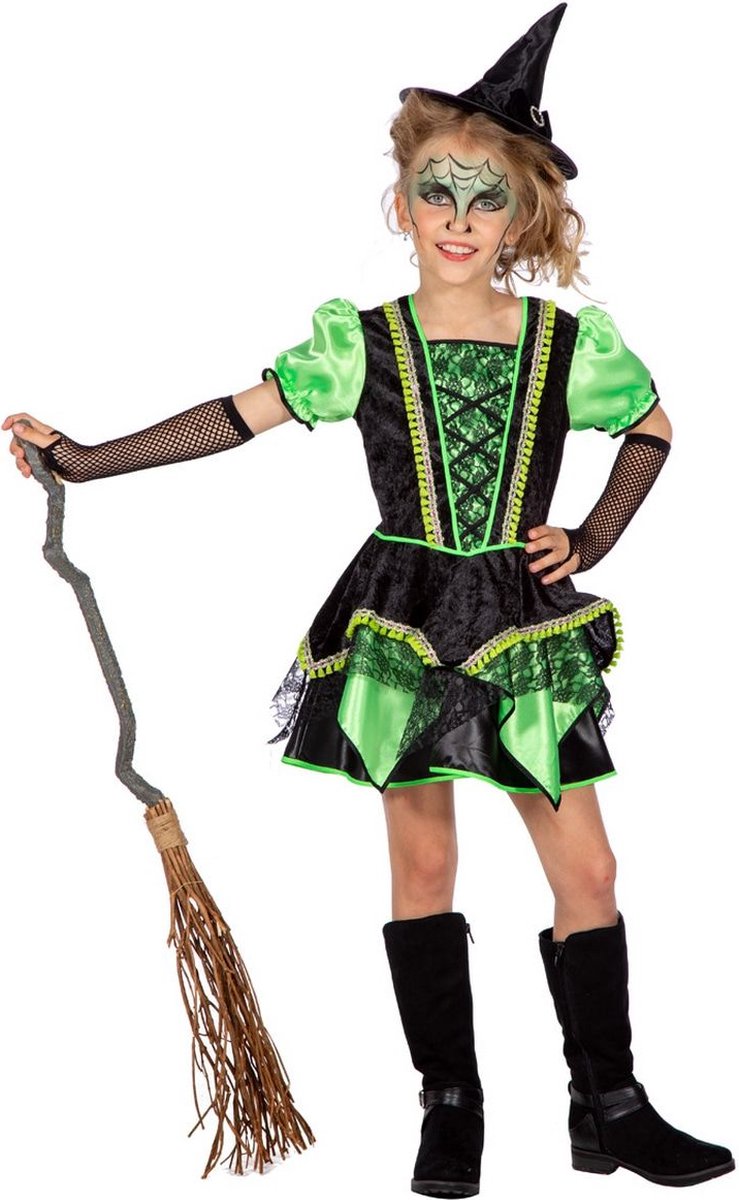 Wilbers - Heks & Spider Lady & Voodoo & Duistere Religie Kostuum - Groene Heks Bosalina - Meisje - groen,zwart - Maat 116 - Halloween - Verkleedkleding