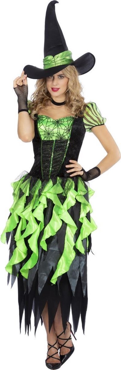 Wilbers - Heks & Spider Lady & Voodoo & Duistere Religie Kostuum - Heks Betoverde Woud Sprookjes - Vrouw - groen,zwart - Maat 40-42 - Halloween - Verkleedkleding