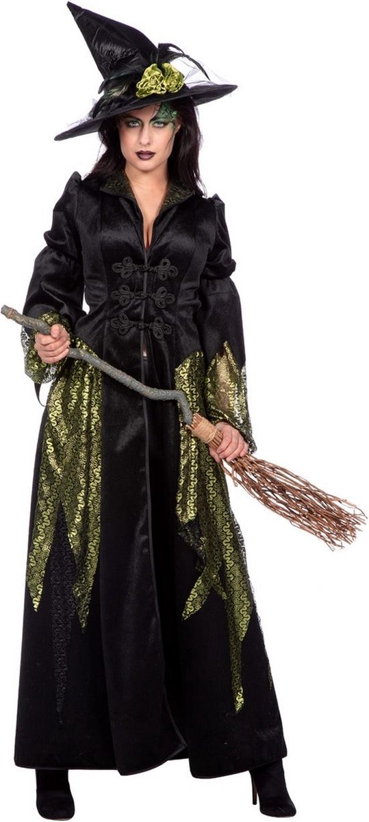 Wilbers - Heks & Spider Lady & Voodoo & Duistere Religie Kostuum - Luxuria Luxe Heks Van De Lage Landen - Vrouw - groen,zwart - Maat 36 - Halloween - Verkleedkleding
