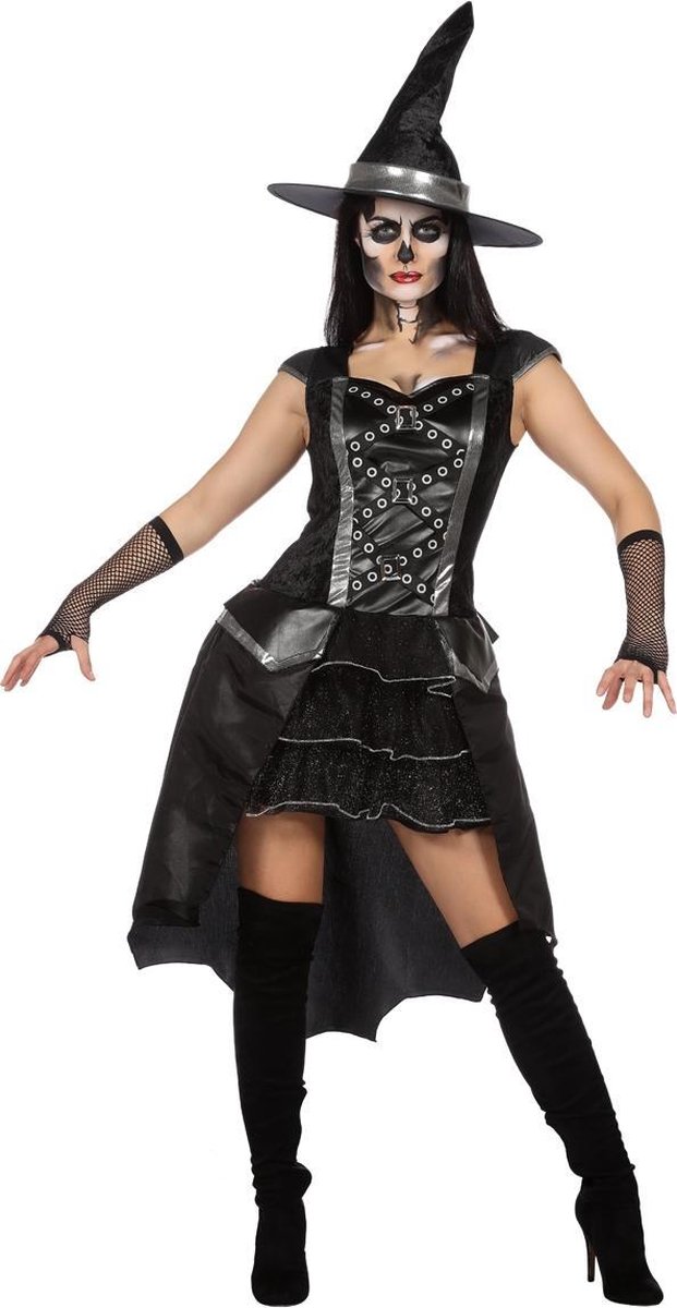 Wilbers - Heks & Spider Lady & Voodoo & Duistere Religie Kostuum - Onheilspellende Duistere Heks - Vrouw - zwart - Maat 34-36 - Halloween - Verkleedkleding