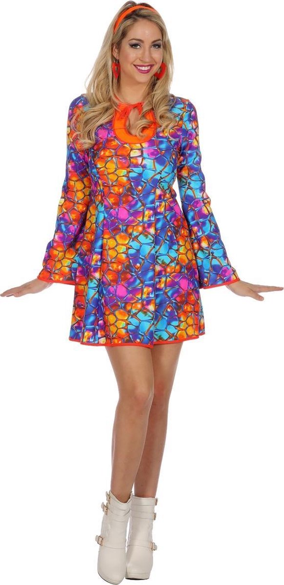 Wilbers - Jaren 80 & 90 Kostuum - Glas In Lood Hippie - Vrouw - blauw,oranje - Maat 34 - Carnavalskleding - Verkleedkleding
