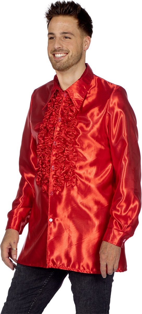 Wilbers - Jaren 80 & 90 Kostuum - Knallend Rode Foute Ruchesblouse Satijn Disco Party Man - rood - Maat 58 - Carnavalskleding - Verkleedkleding