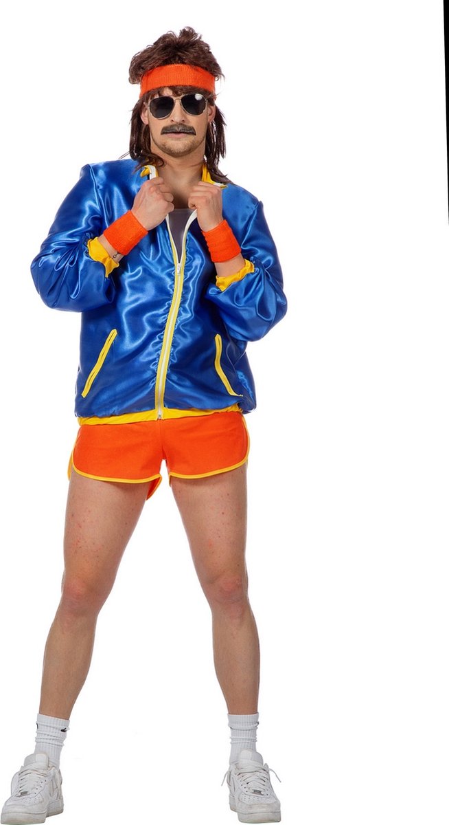 Wilbers - Jaren 80 & 90 Kostuum - Retro Jaren 80 Disco Fitness - Man - blauw,oranje - Small - Carnavalskleding - Verkleedkleding