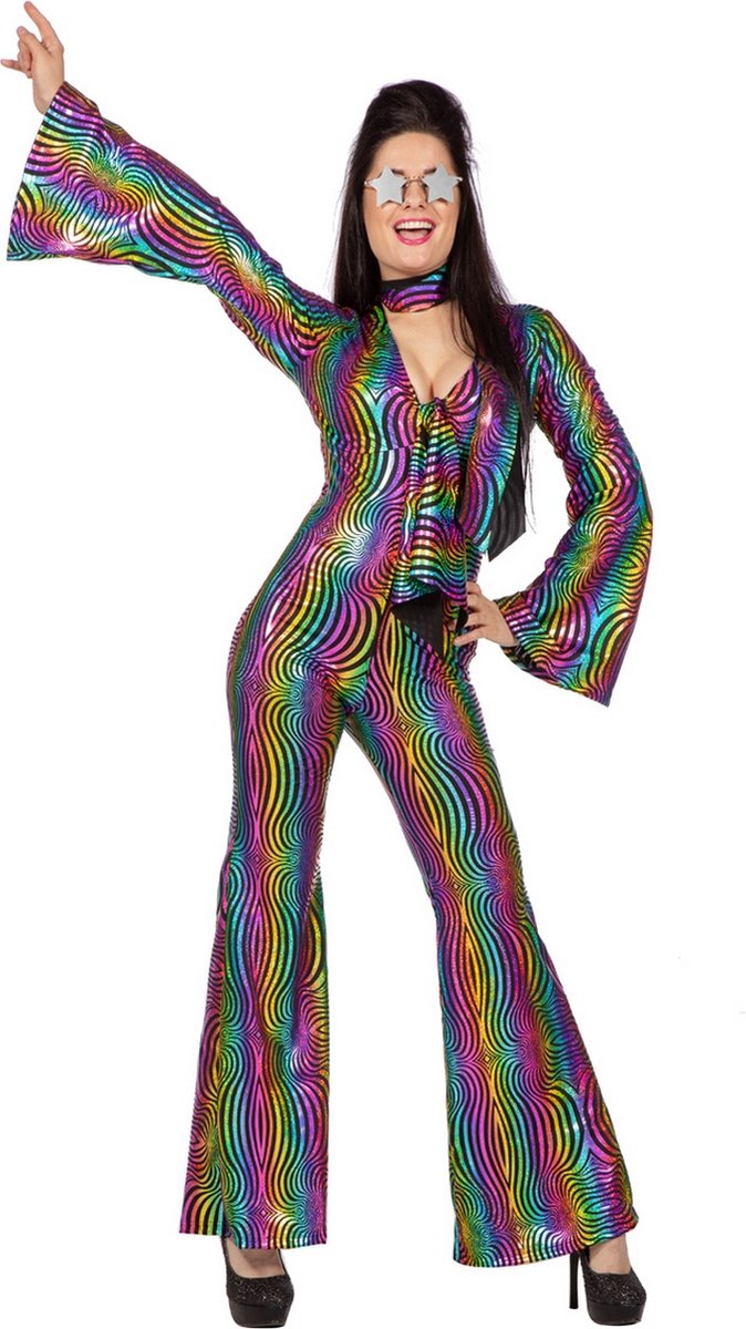 Wilbers - Jaren 80 & 90 Kostuum - Shiny Rainbow Jaren 80 Catsuit - Vrouw - multicolor - Maat 44 - Carnavalskleding - Verkleedkleding