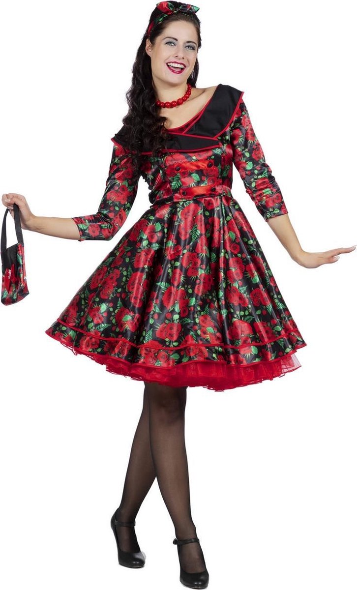 Wilbers - Rock & Roll Kostuum - A Whole Lot Of Rosie Jaren 50 Rozen - Vrouw - rood - Maat 34 - Carnavalskleding - Verkleedkleding