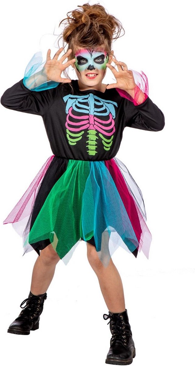 Wilbers - Spook & Skelet Kostuum - Trek In Een Kleurig Hapje Skelet - Meisje - blauw,groen,roze,zwart - Maat 116 - Halloween - Verkleedkleding