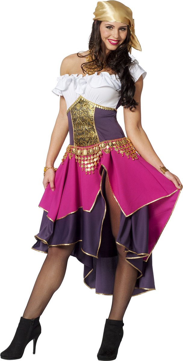 Wilbers - Zigeuner & Zigeunerin Kostuum - Zigeunerin Met Pit - Vrouw - paars,roze - Maat 34 - Carnavalskleding - Verkleedkleding