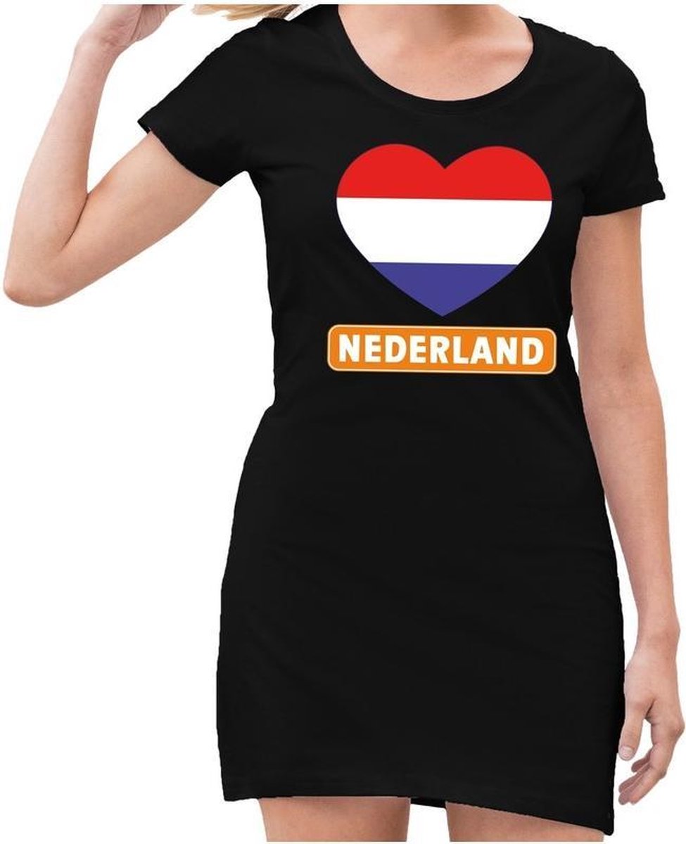 Zwart jurkje met rood/wit/blauw hart en Nederland dames - Zwart Koningsdag kleding L