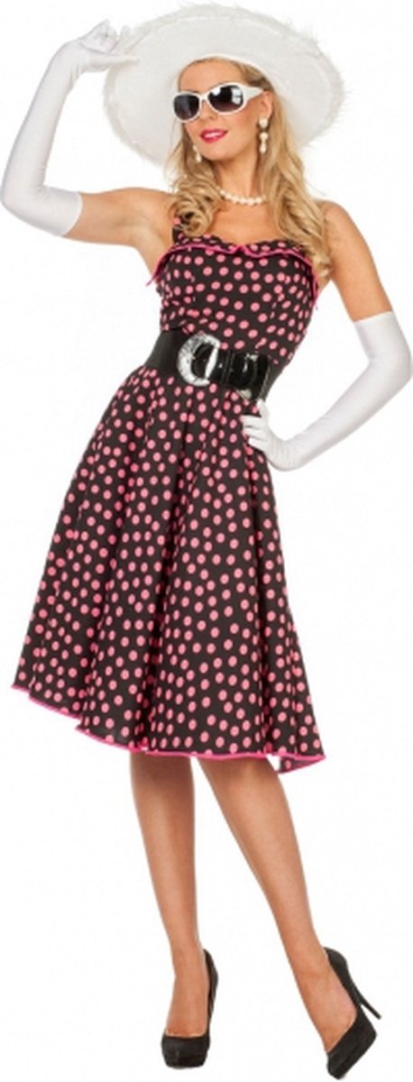 Zwarte fifties jurk met roze stippen voor dames 40 (l)
