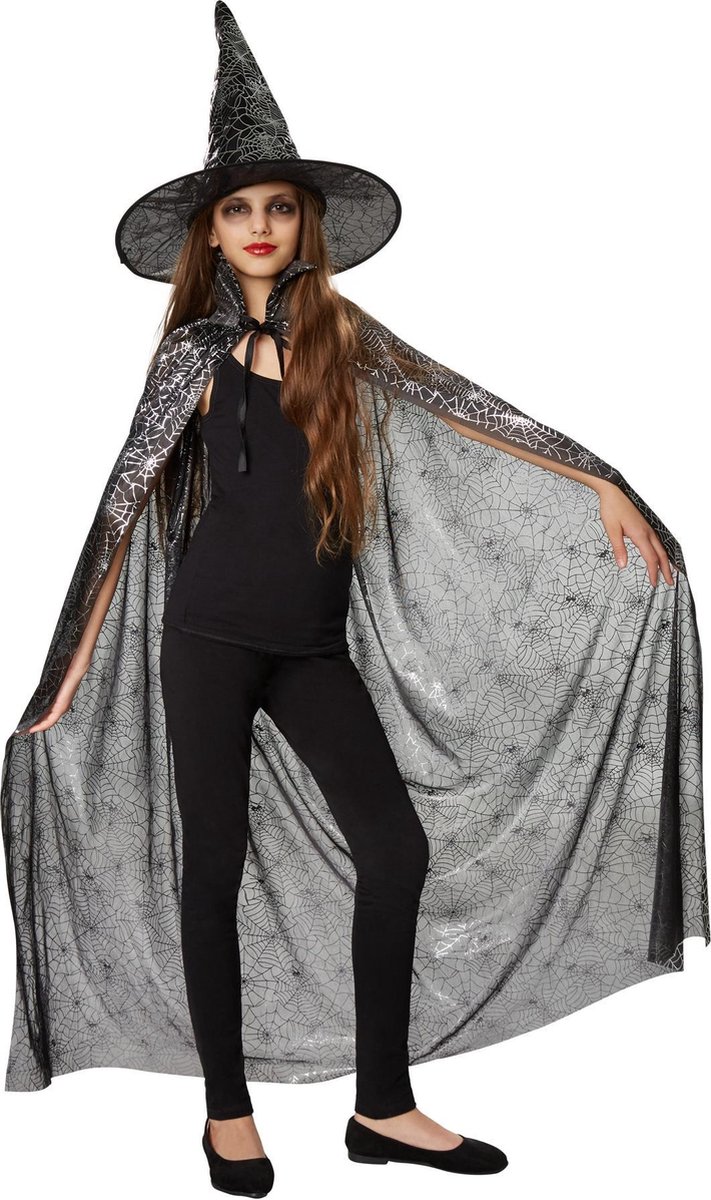 dressforfun - Unisex kinderset hoed en cape spinnenweb 60 cm - verkleedkleding kostuum halloween verkleden feestkleding carnavalskleding carnaval feestkledij partykleding - 301652
