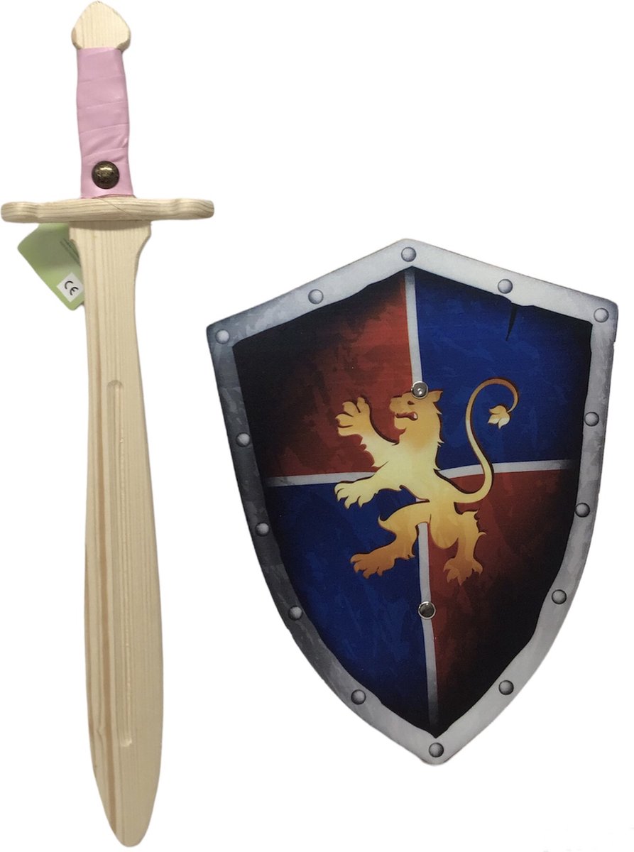 houten struikrover zwaard roze en schild met leeuw klein
