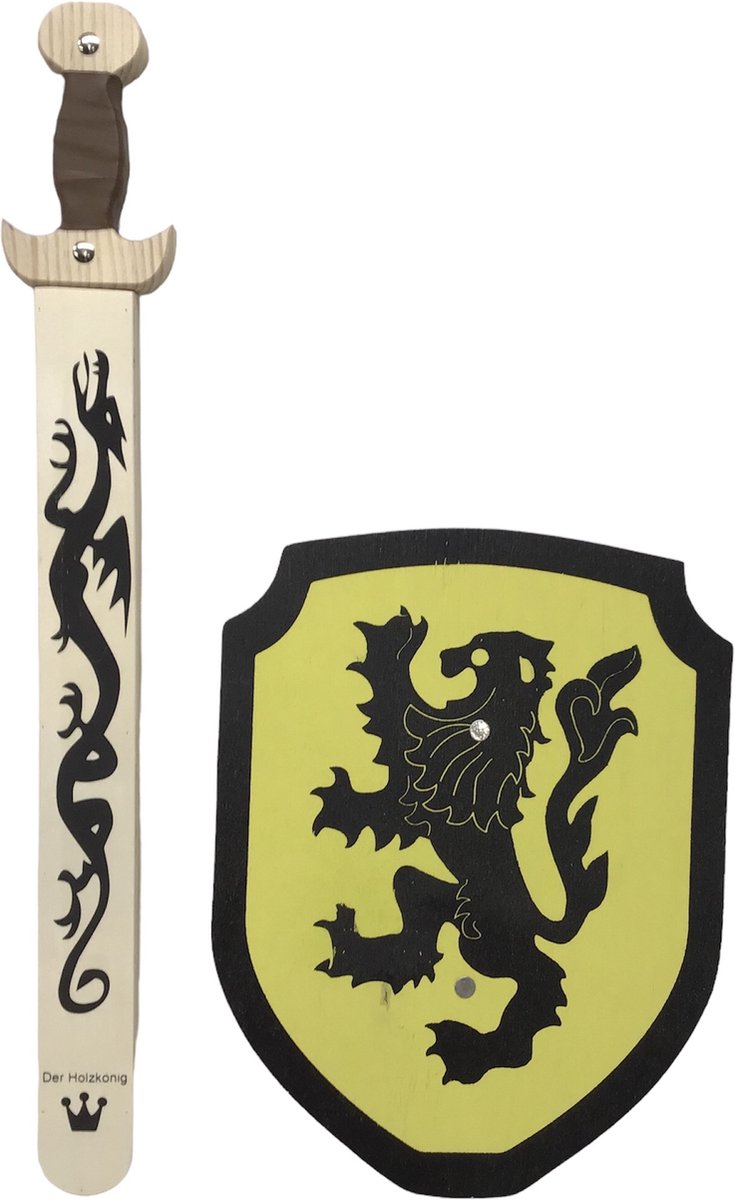 houten zwaard met schede en schild geel zwarte leeuw