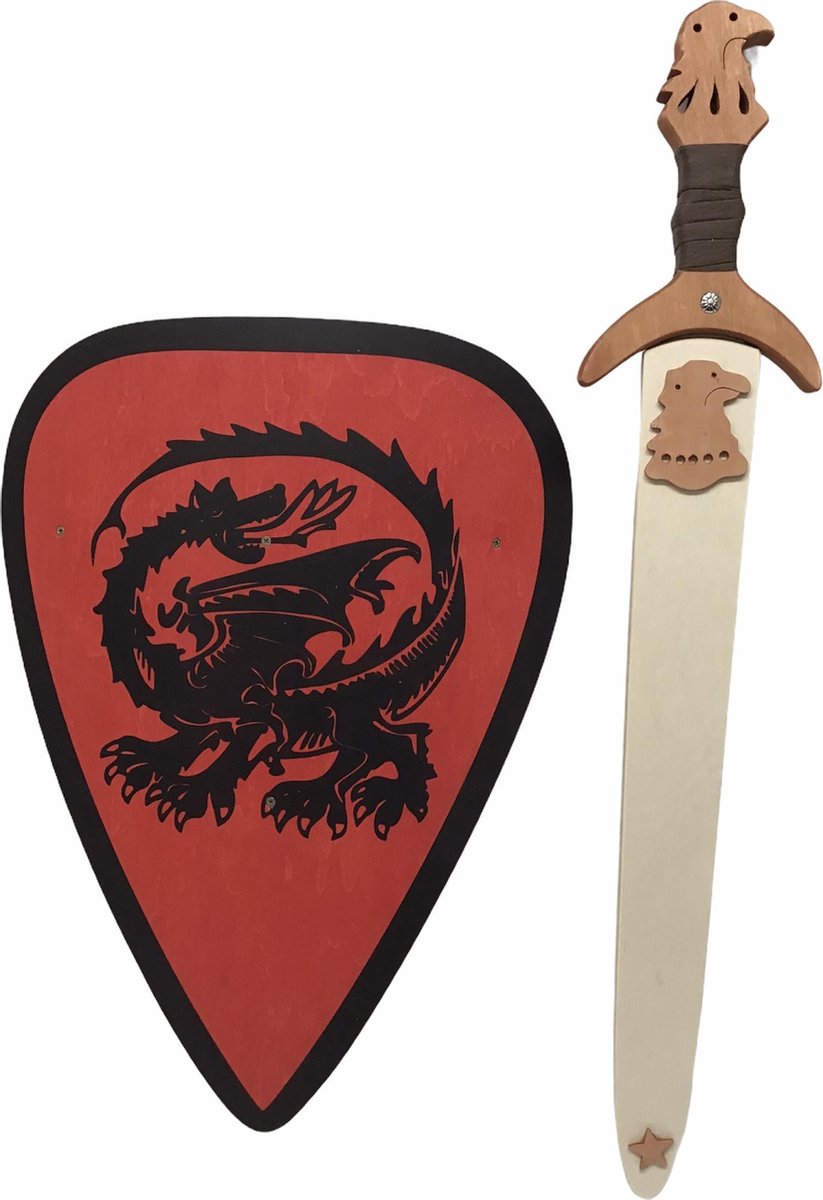 zwaard met schede adelaar en ridderschild rood met draak kinderzwaard houten ridder schild