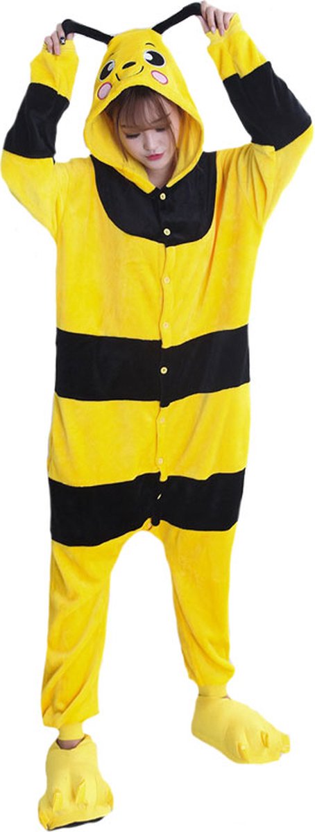 Bij Onesie Pak Kostuum Outfit Huispak Jumpsuit Verkleedpak - Verkleedkleding - Halloween & Carnaval - SnugSquad - Kinderen & Volwassenen - Unisex - Maat S voor Lichaamslengte (146 - 159 cm)