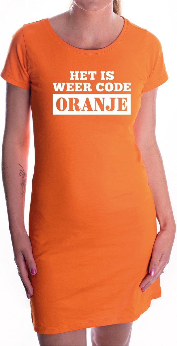 Code oranje fun tekst jurkje oranje dames - oranje kleding voor dames - Koningsdag / oranje supporter L