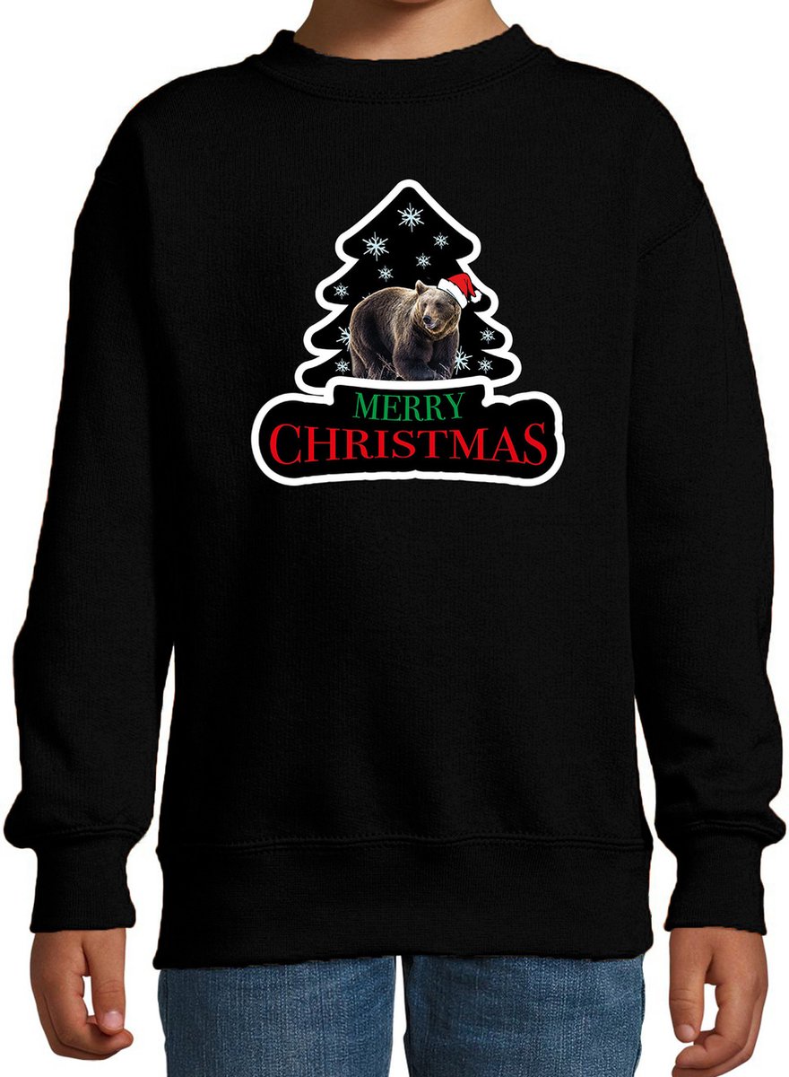 Dieren kersttrui beer zwart kinderen - Foute beren kerstsweater jongen/ meisjes - Kerst outfit dieren liefhebber 134/146