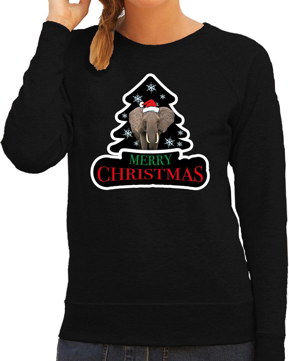 Dieren kersttrui olifant zwart dames - Foute olifanten kerstsweater - Kerst outfit dieren liefhebber XL