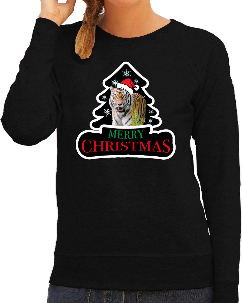 Dieren kersttrui tijger zwart dames - Foute tijgers kerstsweater - Kerst outfit dieren liefhebber L