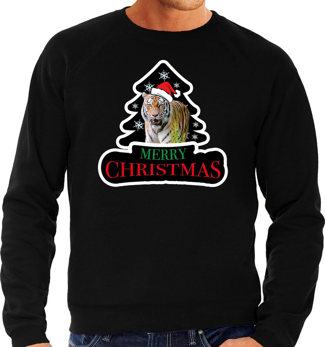 Dieren kersttrui tijger zwart heren - Foute tijgers kerstsweater - Kerst outfit dieren liefhebber L