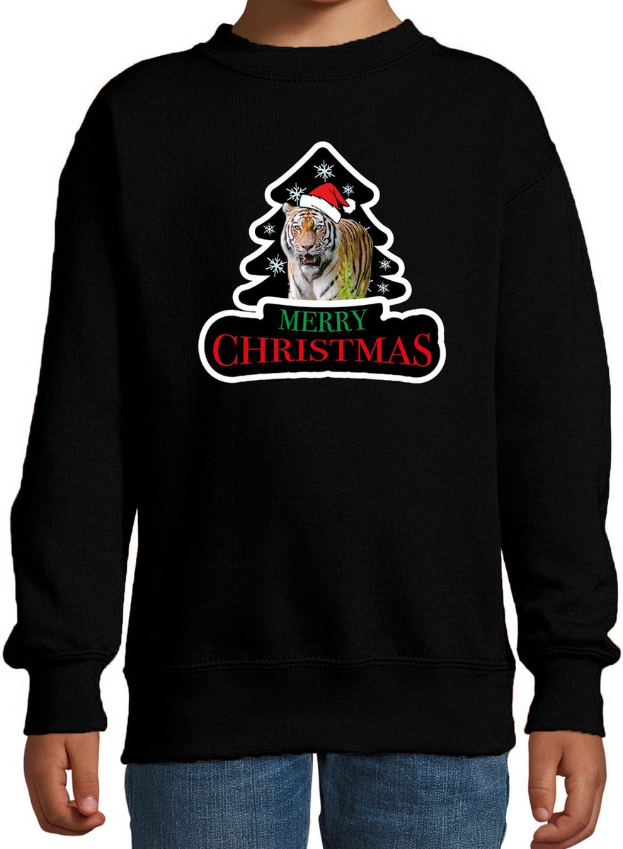 Dieren kersttrui tijger zwart kinderen - Foute tijgers kerstsweater jongen/ meisjes - Kerst outfit dieren liefhebber 122/128
