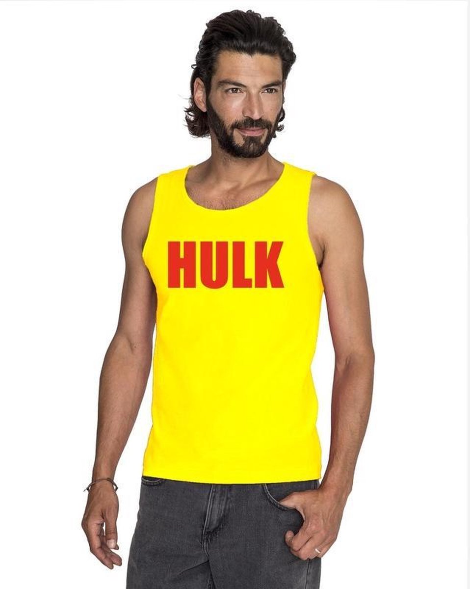 Gele Hulk hemdje met rode letters voor heren - worstelaar verkleed tanktop L