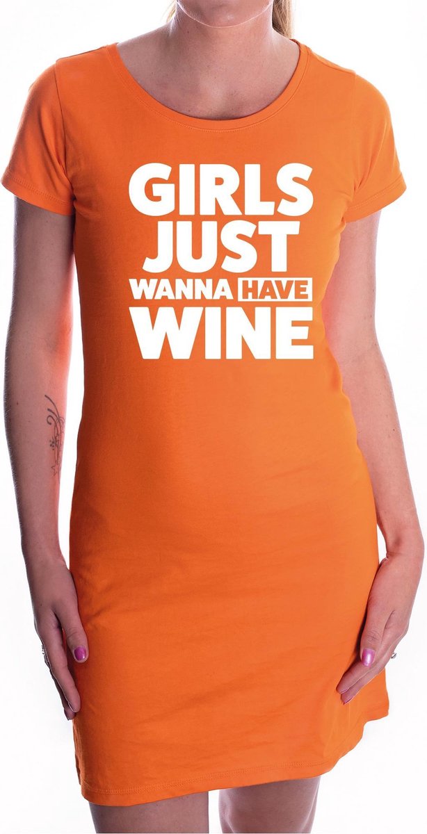 Girls Just Wanna Have Wine tekst jurkje oranje dames - oranje kleding - Koningsdag / oranje supporter L