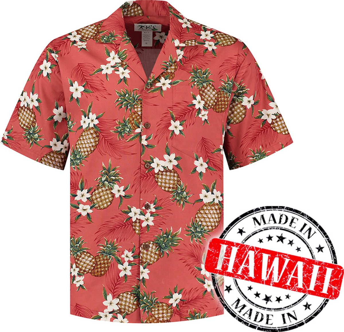Hawaii Blouse - Shirt - Hemd "Ananas Rood" - 100% Katoen - Aloha Shirt - Heren - Made in Hawaii Maat S