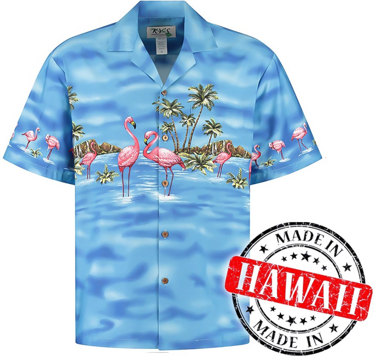 Hawaii Blouse - Shirt - Hemd "Flamingo in het Water" - 100% Katoen - Aloha Shirt - Heren - Made in Hawaii Maat L