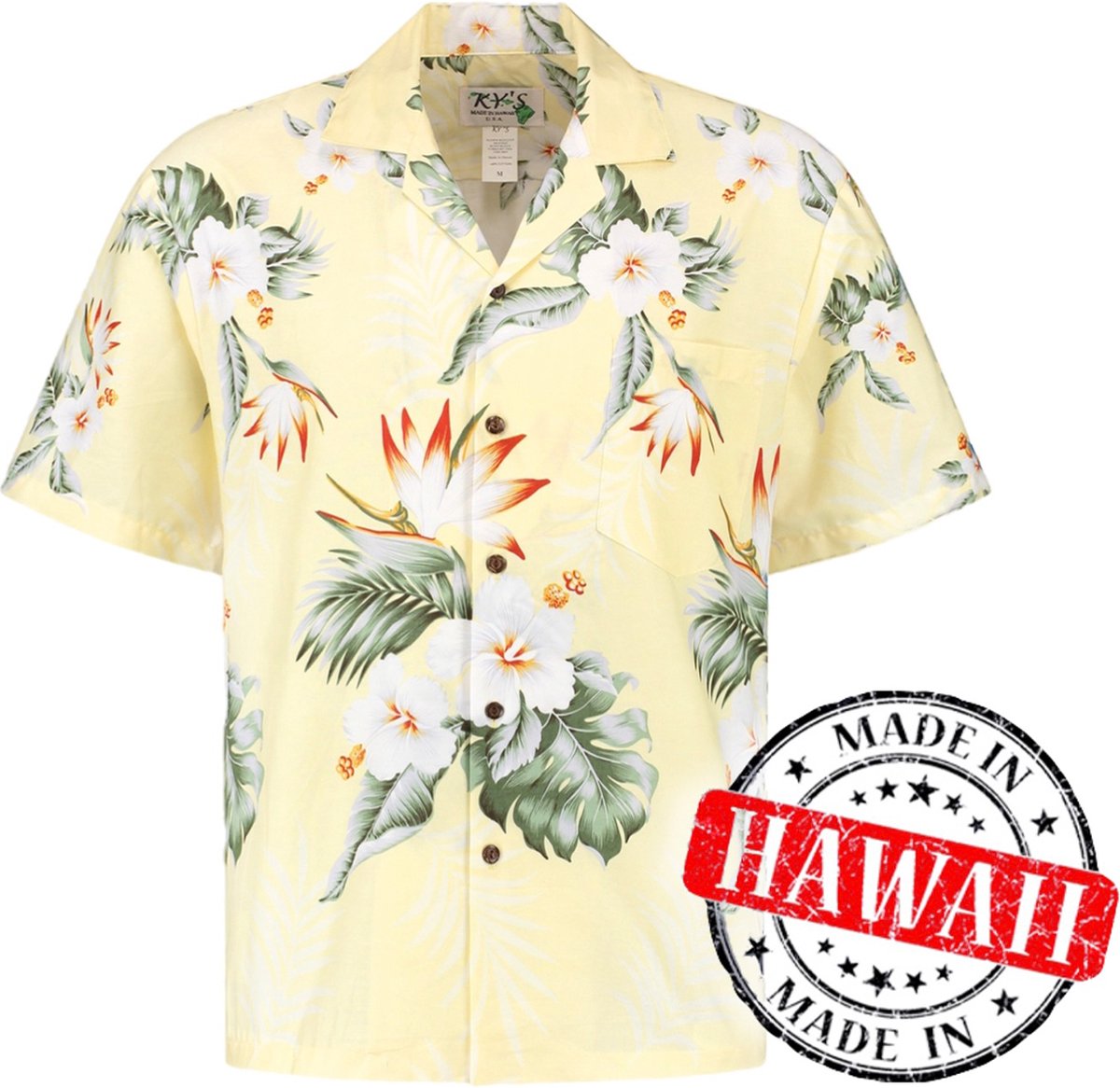 Hawaii Blouse - Shirt - Hemd "Hibiscus Geel" - 100% Katoen - Aloha Shirt - Heren - Made in Hawaii Maat L