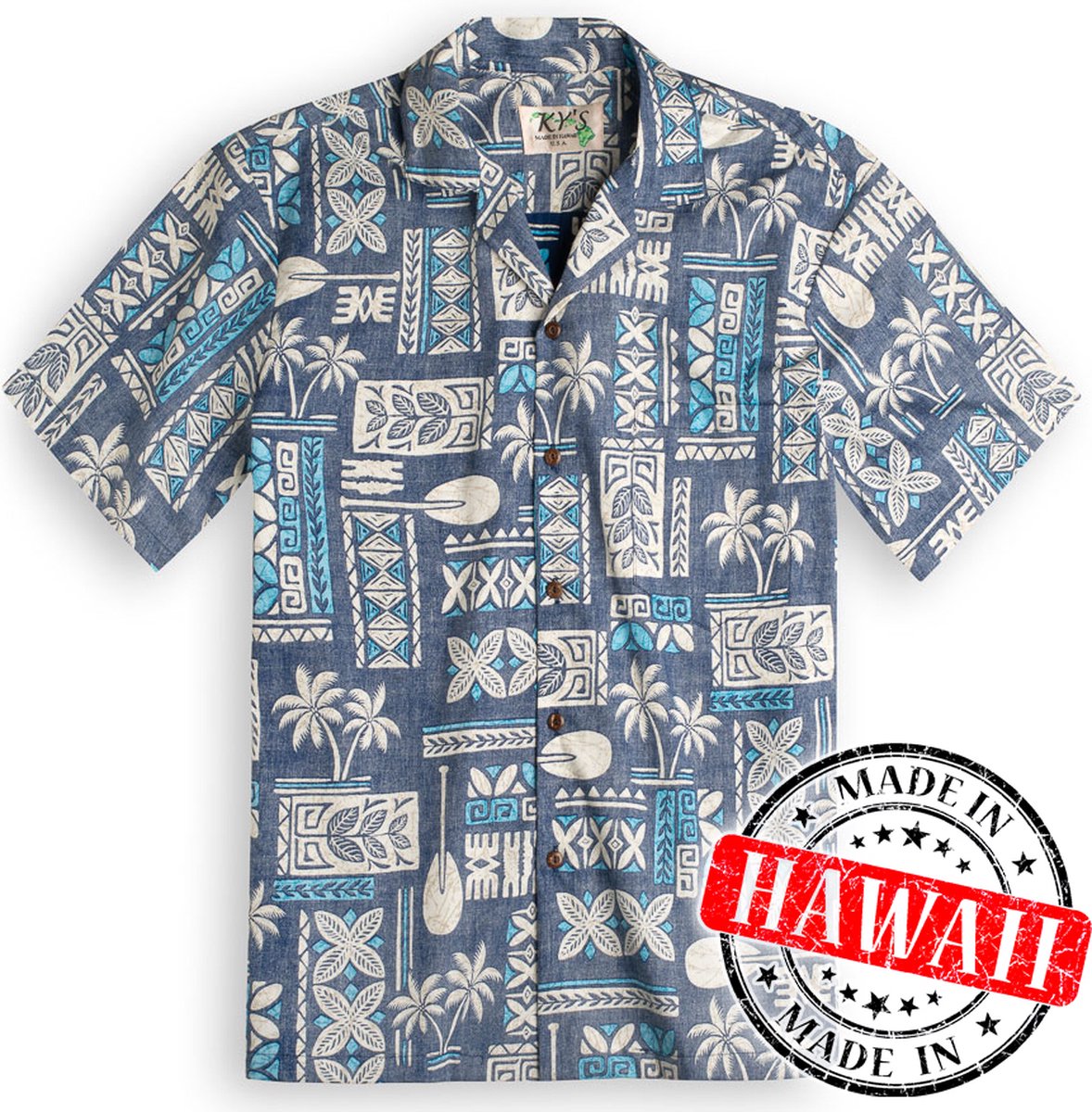 Hawaii Blouse - Shirt - Hemd "Tapa Blauw" - 100% Katoen - Aloha Shirt - Heren - Made in Hawaii Maat L
