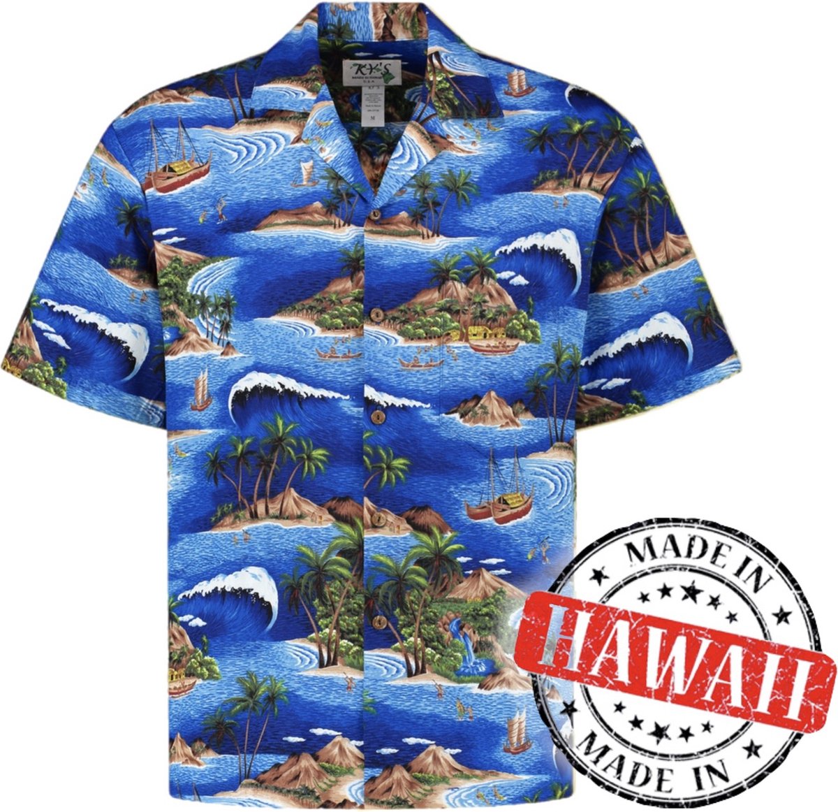 Hawaii Blouse - Shirt - Hemd "Varen Rond Hawaii" - 100% Katoen - Aloha Shirt - Heren - Made in Hawaii Maat L