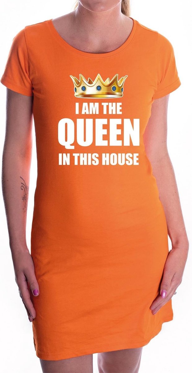 Im the queen in this house met gouden kroon oranje jurk voor dames - Koningsdag / Woningsdag - oranje kleding / jurkjes L