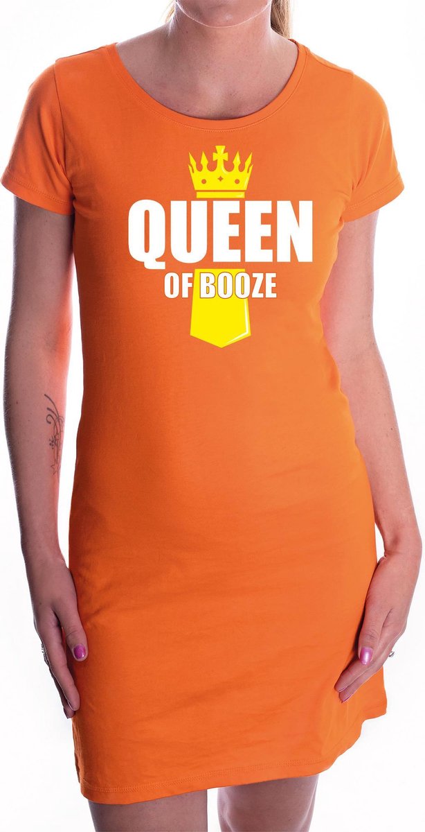 Koningsdag jurkje Queen of booze met kroontje oranje - dames - Kingsday drank outfit / dress / kleding L