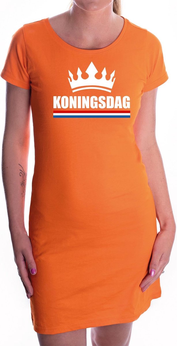Koningsdag jurkje met witte kroon oranje voor dames - Oranje Koningsdag kleding XL