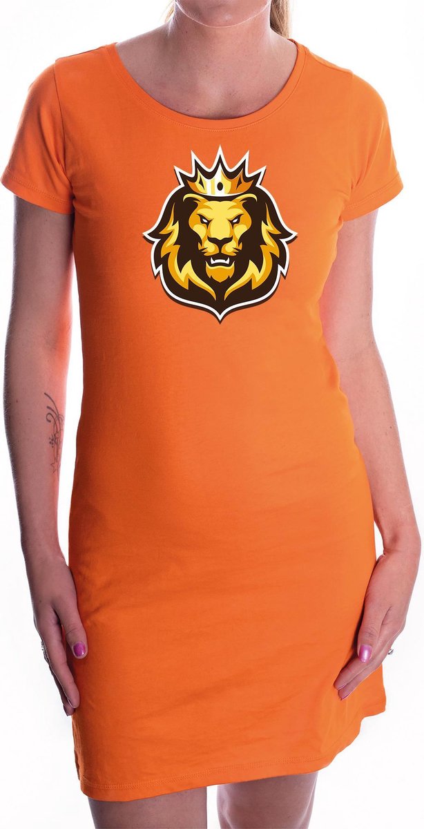 Leeuwenkop met kroon Koningsdag jurkje - oranje - dames - EK/ WK/ oranje fan dress / kleding / outfit L