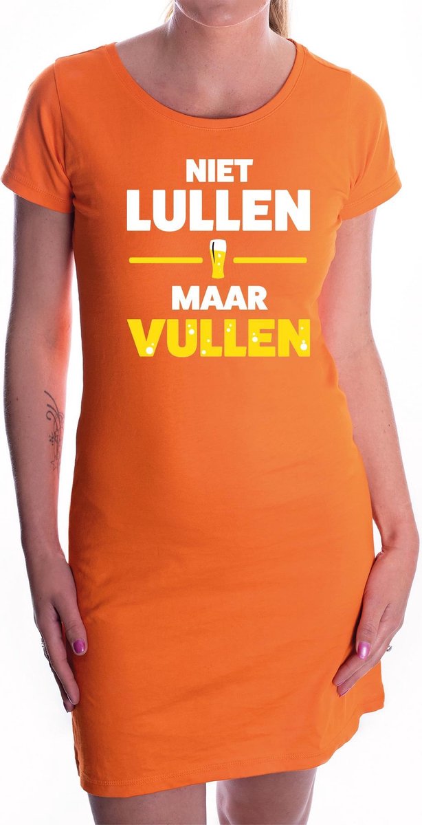 Niet Lullen maar Vullen tekst jurkje oranje dames - oranje kleding / supporter / Koningsdag M