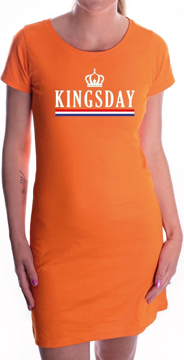 Oranje Kingsday met vlag/kroontje jurk dames - Koningsdag kleding / oranje kleding L