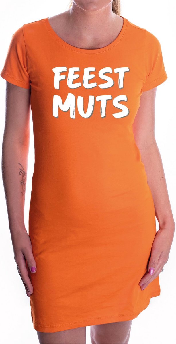 Oranje fun tekst jurkje - Feestmuts - oranje kleding voor dames - Koningsdag / oranje supporter M