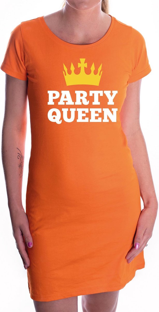 Oranje fun tekst jurkje - Party Queen - oranje kleding voor dames - Koningsdag jurk L