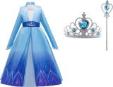 Prinsessenjurk meisje - Carnavalskleding meisje - Frozen -Elsa blauwe jurk 110/116 (120) + Tiara / Toverstaf - Verkleedjurk - Verkleedkleding kind