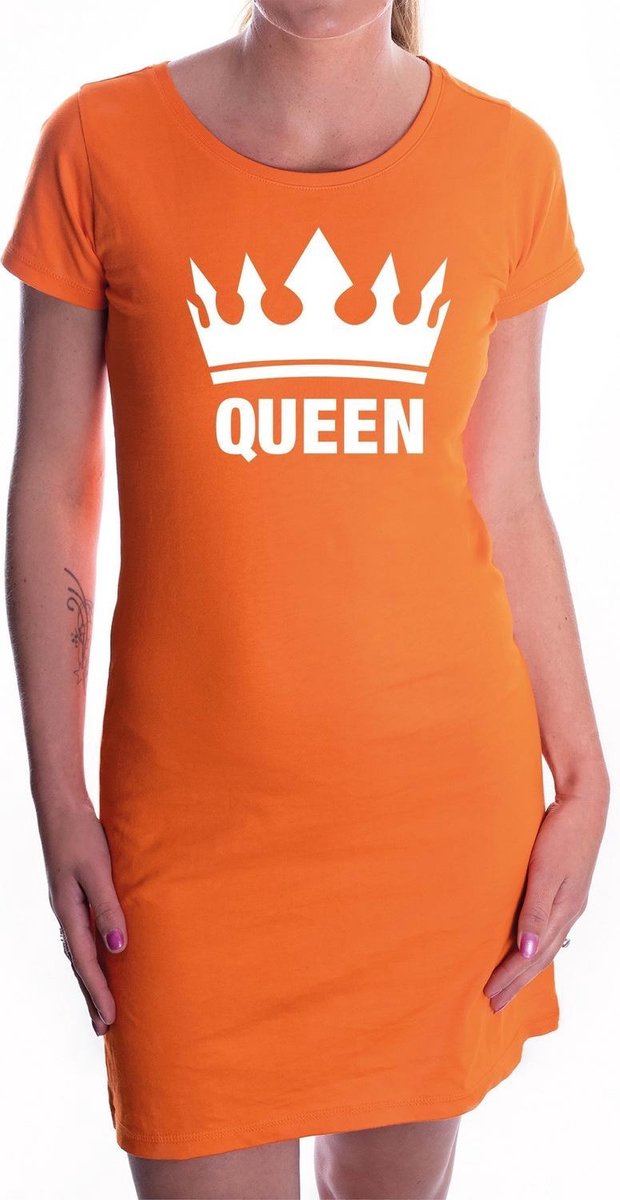Queen met witte kroon jurk oranje voor dames - Koningsdag - supporters kleding / oranje jurkjes L