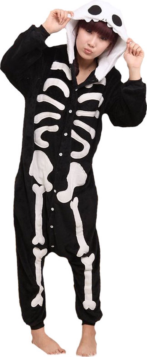 Skelet Onesie Pak Kostuum Outfit Huispak Jumpsuit Verkleedpak - Verkleedkleding - Halloween & Carnaval - SnugSquad - Kinderen & Volwassenen - Unisex - Maat S voor Lichaamslengte (146 - 159 cm)