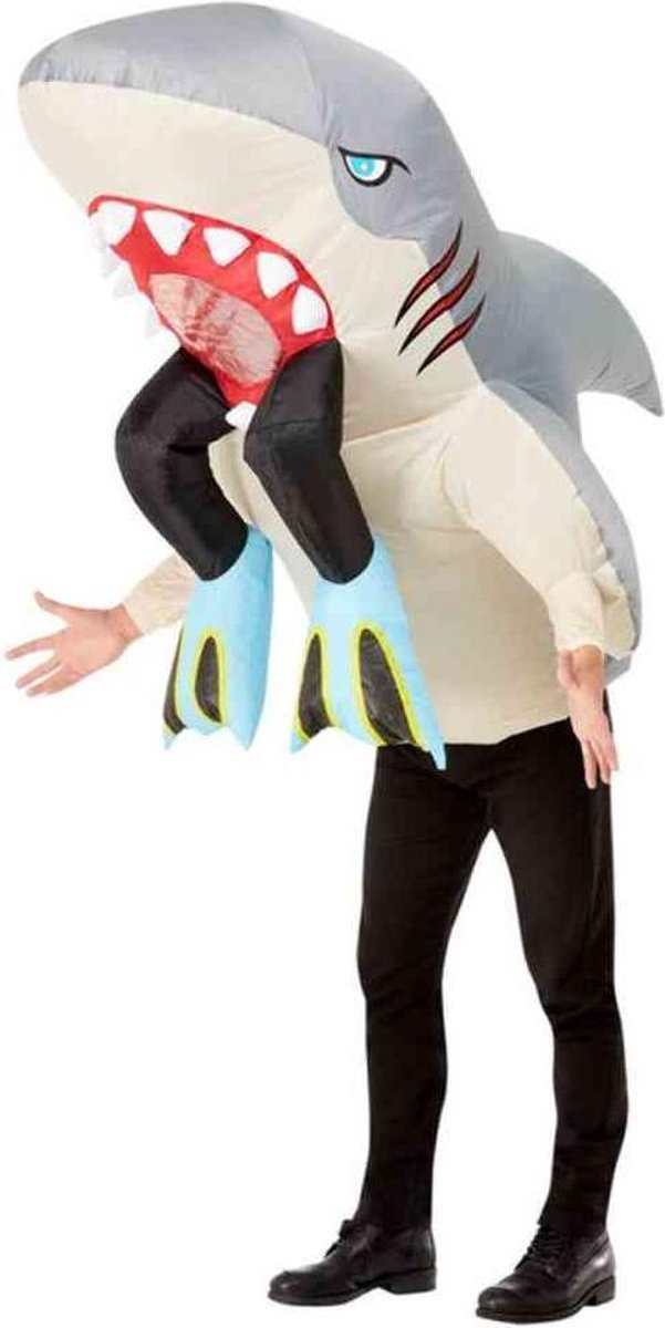 Smiffy's - Haai & Inktvis & Dolfijn & Walvis Kostuum - Opblaasbaar Opgeslokt Door Een Haai - Man - wit / beige,grijs - One Size - Carnavalskleding - Verkleedkleding