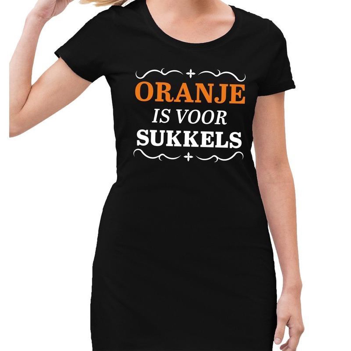 Zwart jurkje met Oranje is voor sukkels dames - Zwart Koningsdag kleding S