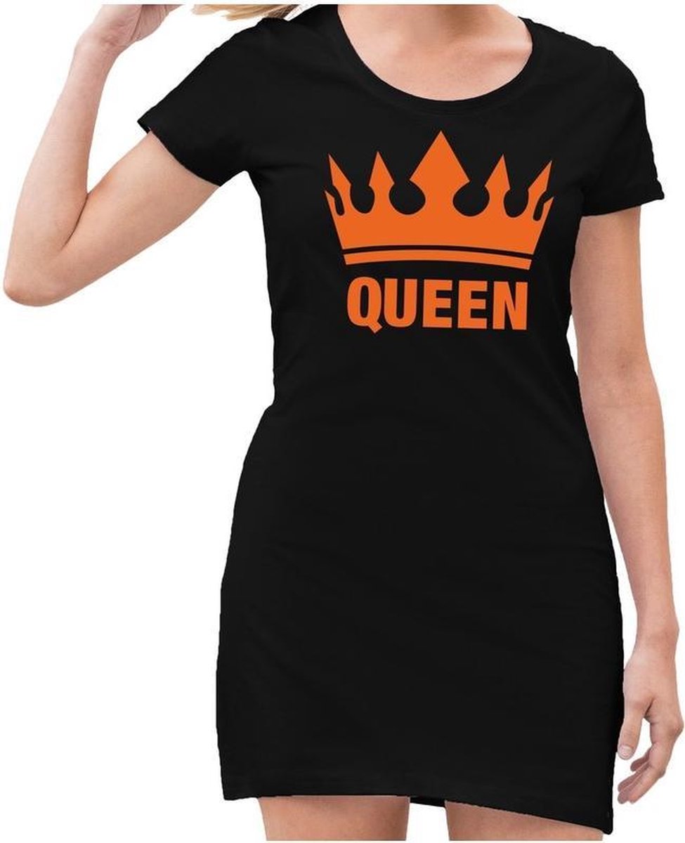 Zwart jurkje met oranje Queen en kroon - jurkje dames - Zwart Koningsdag kleding S