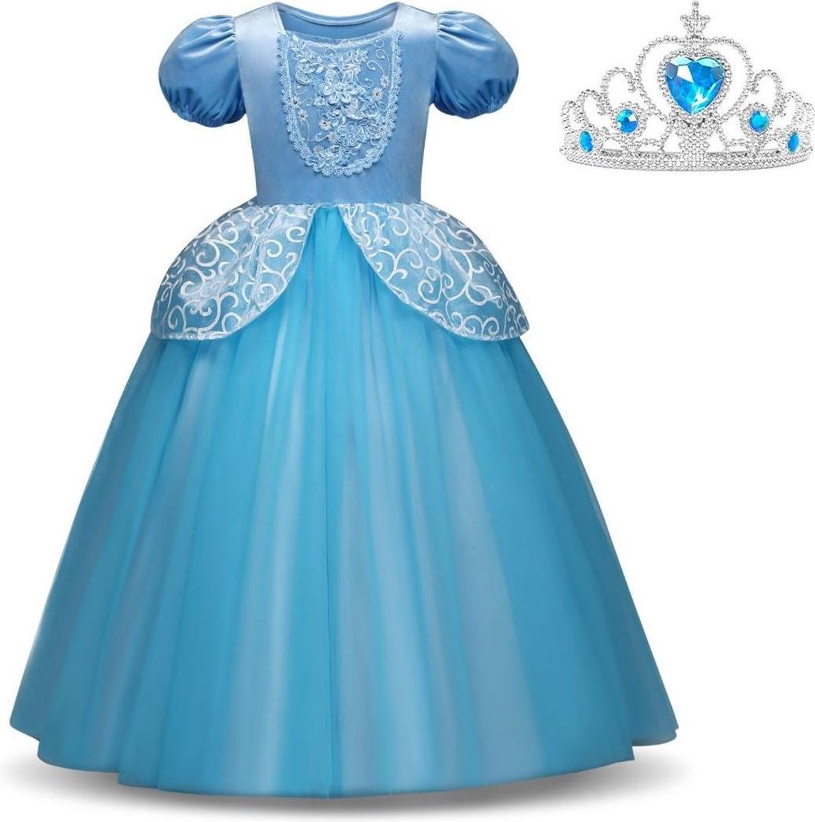 Assepoester jurk Deluxe Prinsessen jurk verkleedjurk 128-134 (130) blauw + blauwe kroon